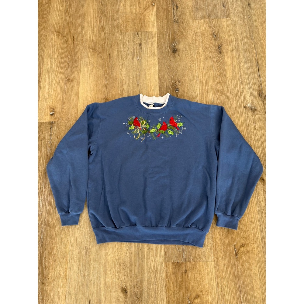 VTG Top Stitch Whimsygoth Cardinal Sweatshirt Women L Blue Embroidered Holiday